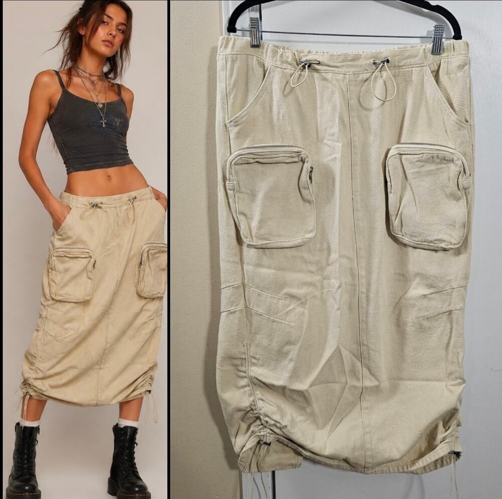 Cargo Long Skirt Beige Sz 12 Pockets Cotton Y2K Grunge Street Gorpcore Utility